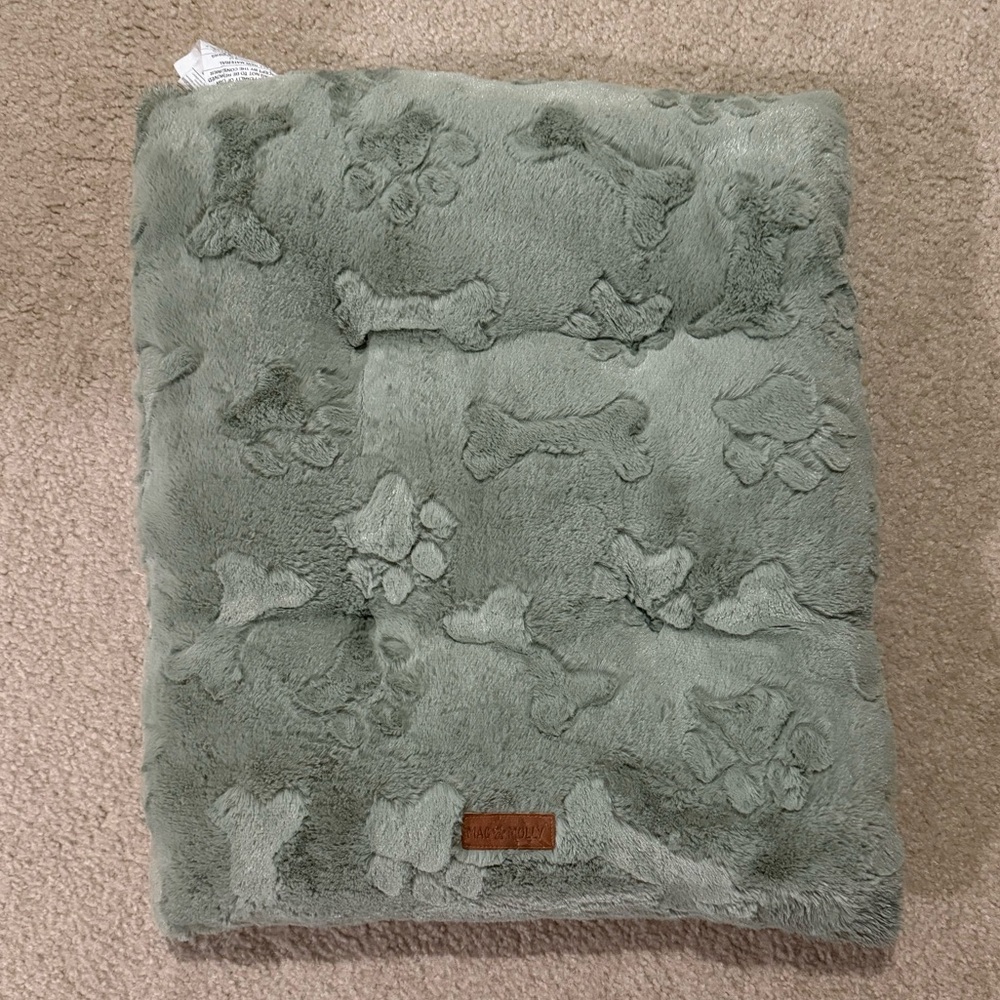 Mac & Molly Green Plush Dog Bed with Paw and Bone Design